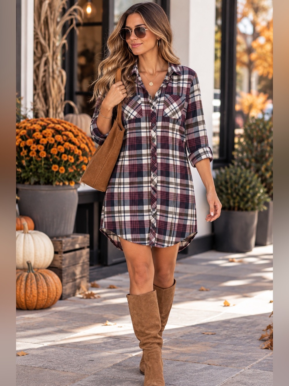 Passport Plaid Mini Shirt Dress in Burgundy, Cream, and Navy